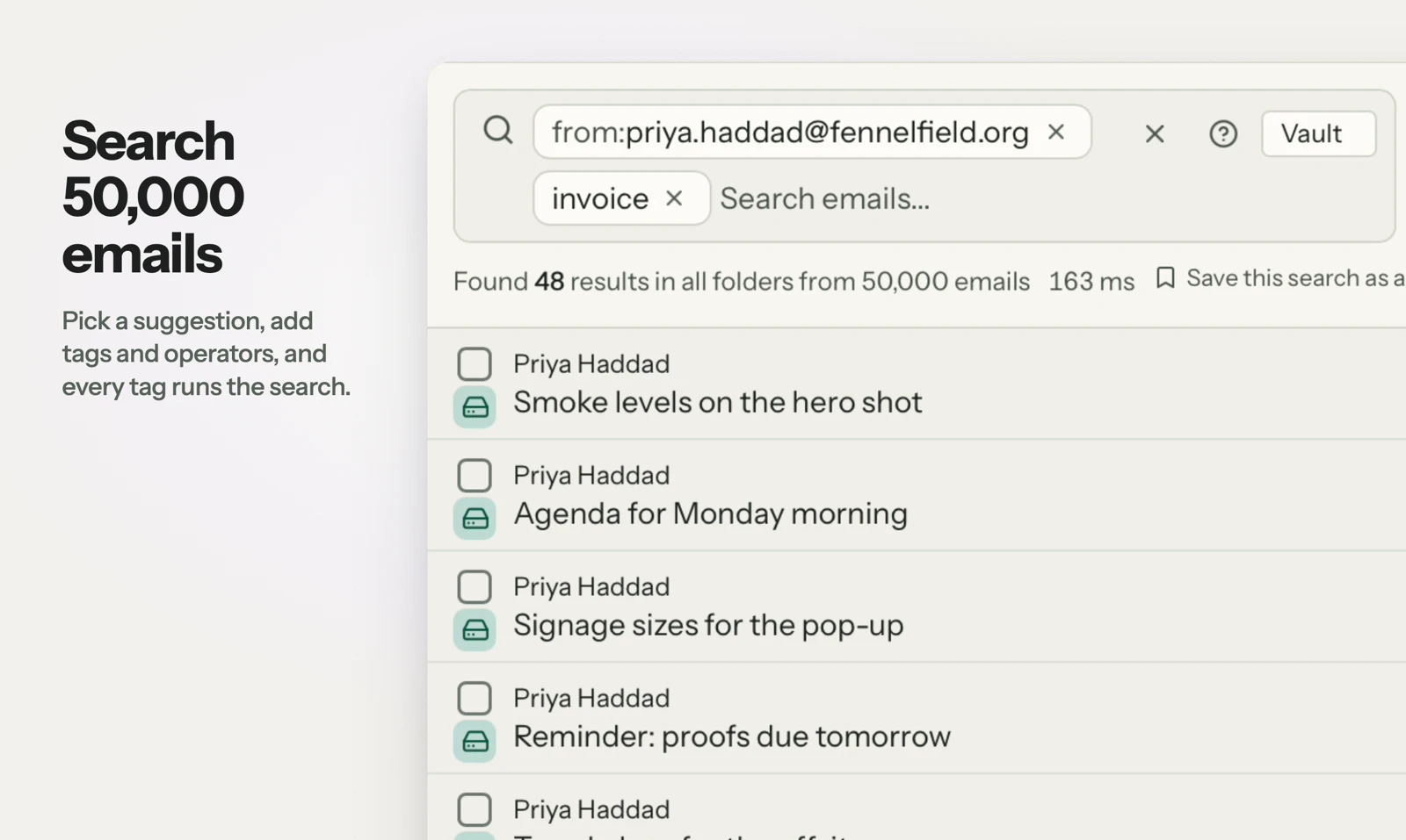 Reviewed for MailVault version 2.20.0 en MailVault searches a saved local archive with sender and keyword filters. This is a demo capture, not a speed comparison with Shortwave. · Reviewed for MailVault version 2.20.0 en