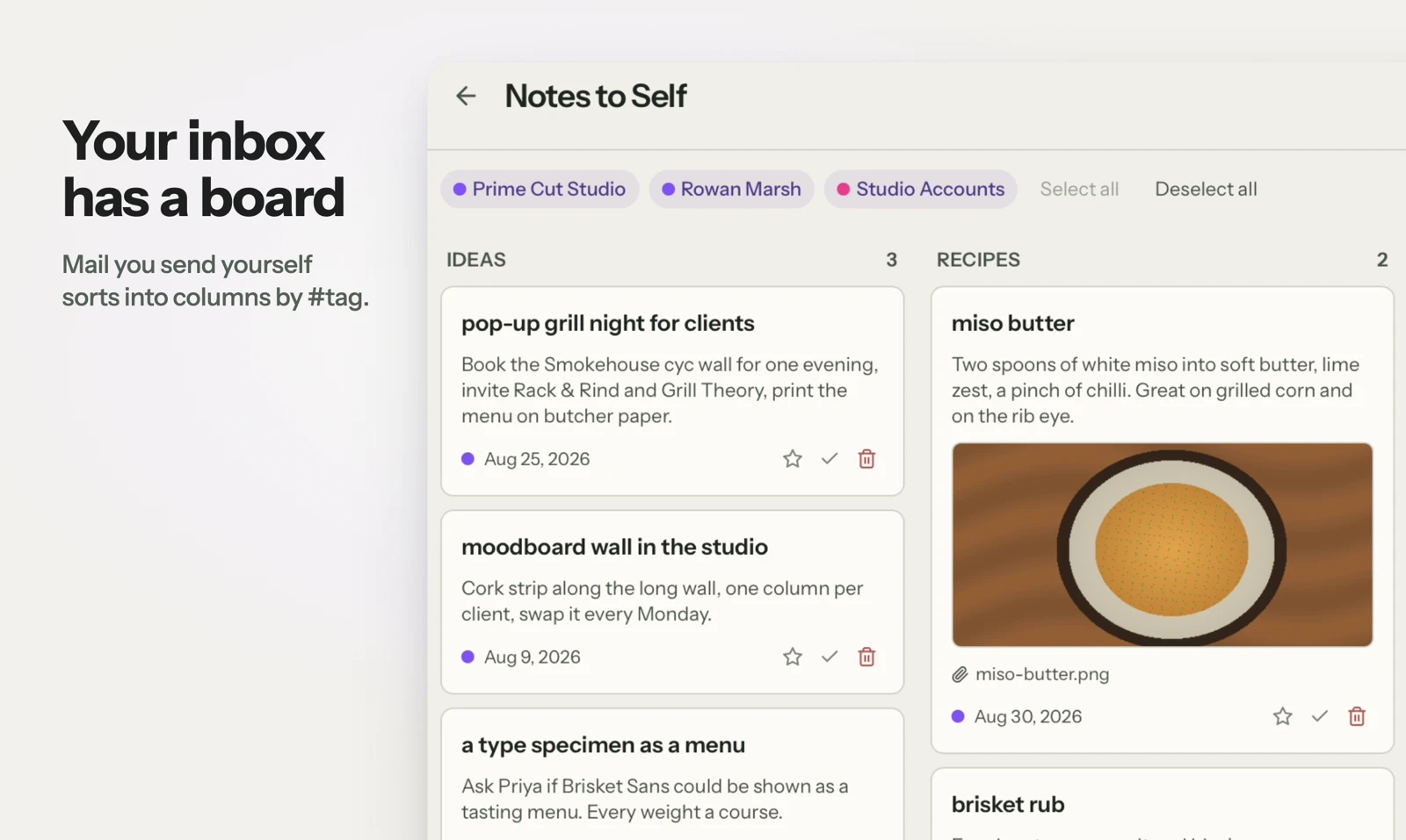 Reviewed for MailVault version 2.20.0 en MailVault’s notes board provides an alternative way to browse mail you send to yourself. Demo data from the supplied product tour. · Reviewed for MailVault version 2.20.0 en
