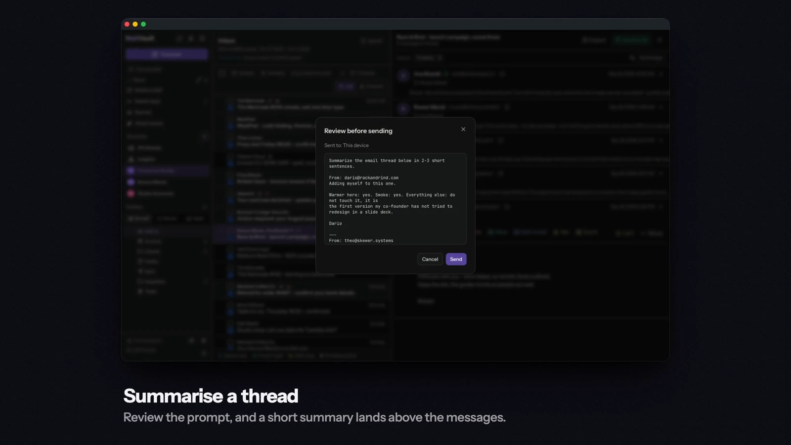 Reviewed for MailVault version 2.20.0 en MailVault reviews an AI thread-summary prompt with the destination marked This device · Reviewed for MailVault version 2.20.0 en