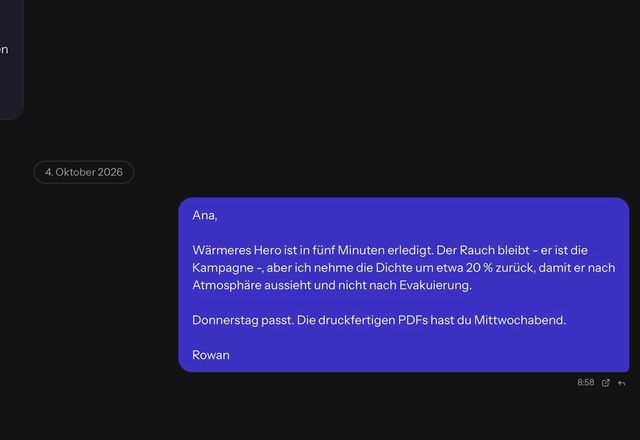 Reviewed for MailVault version 2.20.0 Eine E-Mail-Unterhaltung wird in der Chat-Ansicht gezeigt, als Chat-Blasen, gruppiert nach Person und Thema. · Reviewed for MailVault version 2.20.0