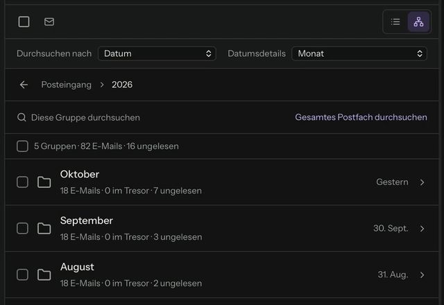 Reviewed for MailVault version 2.20.0 Die Nachrichtenliste wird auf Explorer umgestellt. Die E-Mails sind nach Jahr gruppiert, und ein Jahr öffnet sich in seine Monate. · Reviewed for MailVault version 2.20.0