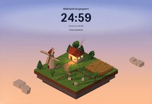 Reviewed for MailVault version 2.20.0 Der Button Fokus wird gedrückt, 25 Minuten werden gewählt, Start wird gedrückt, und ein Fokusbildschirm deckt das ganze Fenster ab, mit einem Countdown. · Reviewed for MailVault version 2.20.0