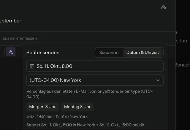 Reviewed for MailVault version 2.20.0 Unter Später senden wird Morgen 8 Uhr gewählt, Senden planen wird gedrückt, und die Nachricht erscheint unter Geplant. · Reviewed for MailVault version 2.20.0