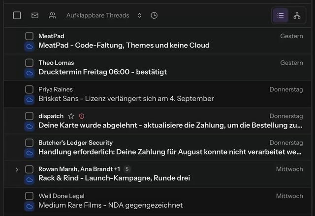 Reviewed for MailVault version 2.20.0 Eine Nachrichtenzeile wird mit der rechten Maustaste angeklickt, Zurückstellen wird gewählt, und eine Auswahl bietet Später heute, Morgen, das Wochenende und nächste Woche an. Morgen wird gewählt, und die Nachricht verlässt den Posteingang. · Reviewed for MailVault version 2.20.0
