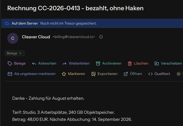 Reviewed for MailVault version 2.20.0 In der geöffneten Nachricht wird eine Tag-Schnellaktion gedrückt, und unter dem Absender erscheint das Tag Belege. · Reviewed for MailVault version 2.20.0