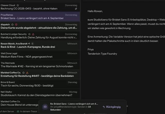 Reviewed for MailVault version 2.20.0 Eine Antwort wird gesendet, ein Hinweis zeigt Senden in 15 Sekunden mit Rückgängig, Rückgängig wird angeklickt, und der Entwurf kommt zurück. · Reviewed for MailVault version 2.20.0