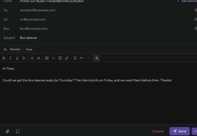 A rough paragraph is in a new message, Shorten is pressed, a review dialog shows the text will be sent to This device, and the rewrite made on the device replaces the draft. · Reviewed for MailVault version 2.20.0