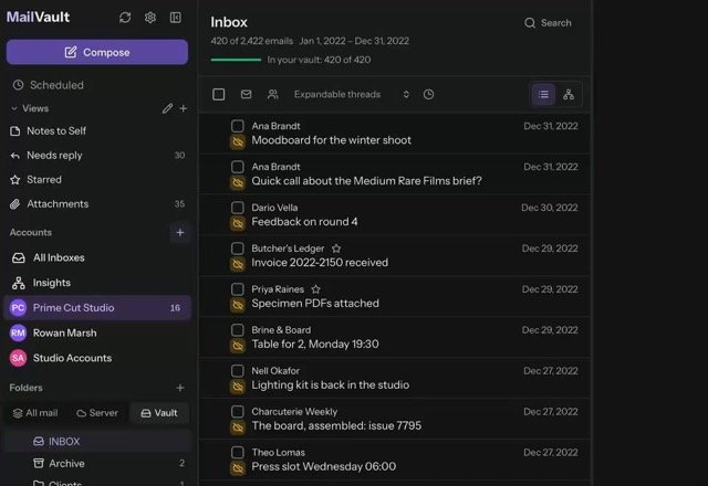 MailVault asks Archive, then delete from server?, Archive & delete is clicked, progress reaches 420 of 420, and the Vault view still lists the 420 archived messages from 2022. · Reviewed for MailVault version 2.20.0