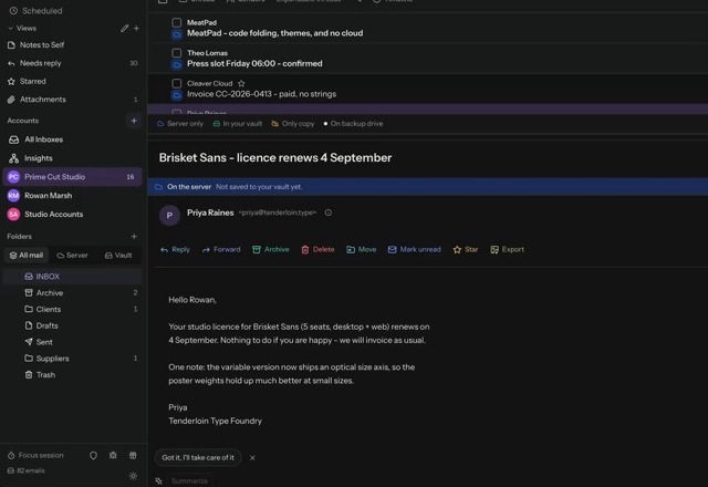 The window shows three columns. In Settings, Reading pane is set to Below the list, and the open message moves under the message list. · Reviewed for MailVault version 2.20.0