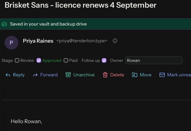 On the field strip of an open message, Stage is set to Approved, Follow up is ticked, and Rowan is typed as the Owner. · Reviewed for MailVault version 2.20.0