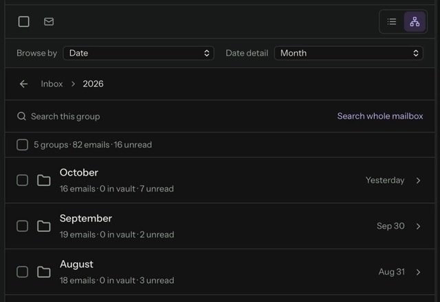 The message list is switched to Explorer. Mail is grouped by year, and a year opens into its months. · Reviewed for MailVault version 2.20.0