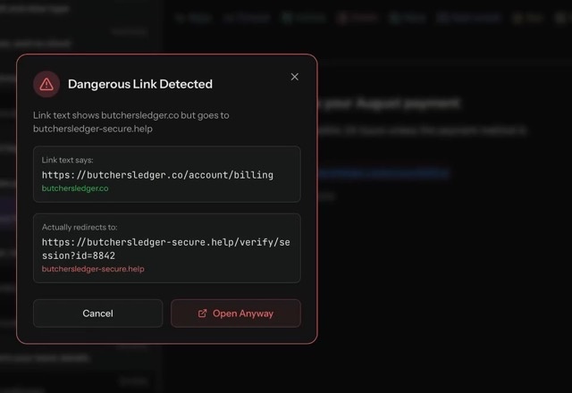 A link in a phishing email is clicked and MailVault shows Dangerous Link Detected: the link text names one address but goes to another, with Cancel and Open Anyway. · Reviewed for MailVault version 2.20.0