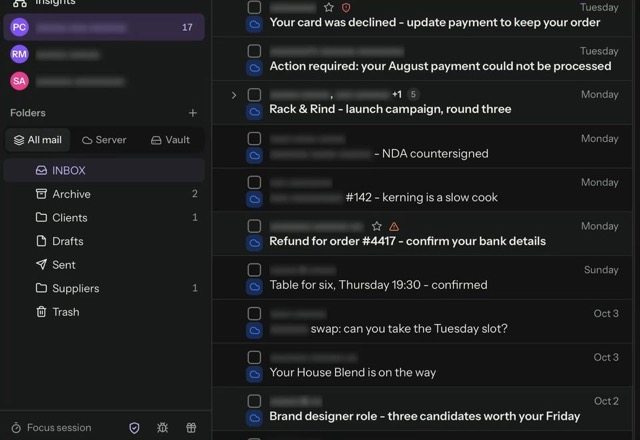 The shield button in the sidebar is pressed and the sender and account names across the message list blur. · Reviewed for MailVault version 2.20.0