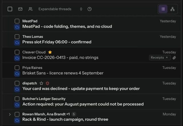 A message row is right-clicked and a radial wheel of actions opens around the pointer. Star is picked and the row's star turns amber. · Reviewed for MailVault version 2.20.0