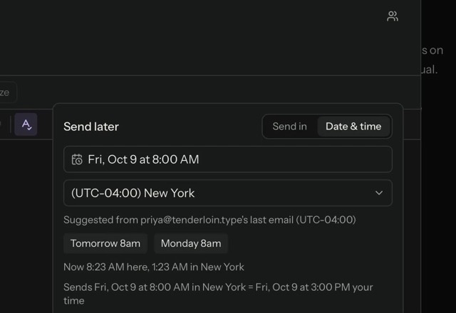 In Send later, Tomorrow 8am is picked, Schedule send is pressed, and the message appears under Scheduled. · Reviewed for MailVault version 2.20.0