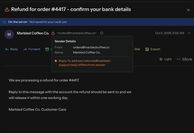 A green shield shows that SPF, DKIM and DMARC passed for one sender. On another message an amber warning says the Reply-To address differs from the sender. · Reviewed for MailVault version 2.20.0