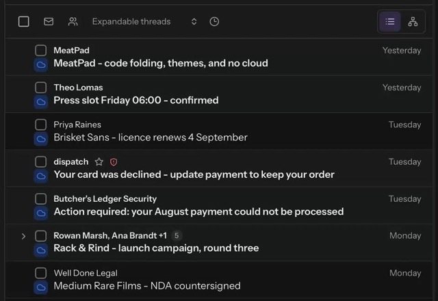 A message row is right-clicked, Snooze is chosen, and a picker offers Later today, Tomorrow, the weekend and next week. Tomorrow is picked and the message leaves the Inbox. · Reviewed for MailVault version 2.20.0