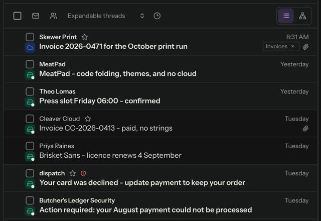 In Settings, Auto Tags shows a rule written in plain words. The Inbox then lists Invoice 2026-0471 at the top, with an Invoices tag on the row. · Reviewed for MailVault version 2.20.0