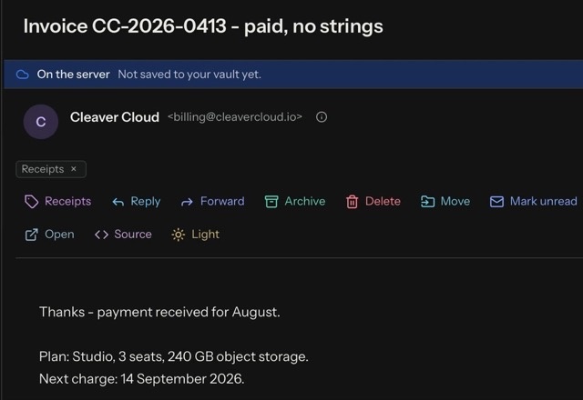 In the open message, a tag quick action is pressed and a Receipts tag appears under the sender. · Reviewed for MailVault version 2.20.0