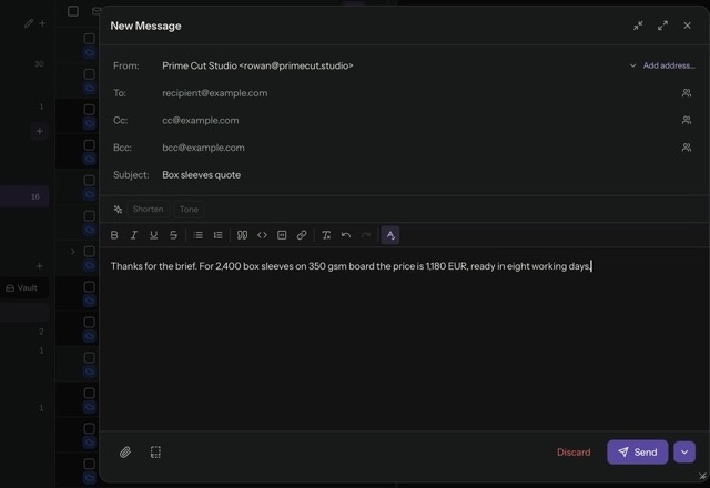A new message is opened, Templates is clicked, the Print quote template is picked, and its text is inserted into the message. · Reviewed for MailVault version 2.20.0
