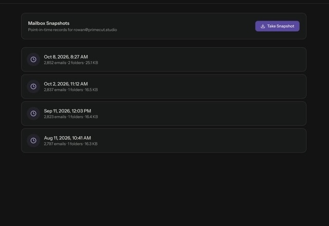 Snapshot cards are shown, Take Snapshot adds a new card, and an older snapshot is opened to show its inbox list. · Reviewed for MailVault version 2.20.0