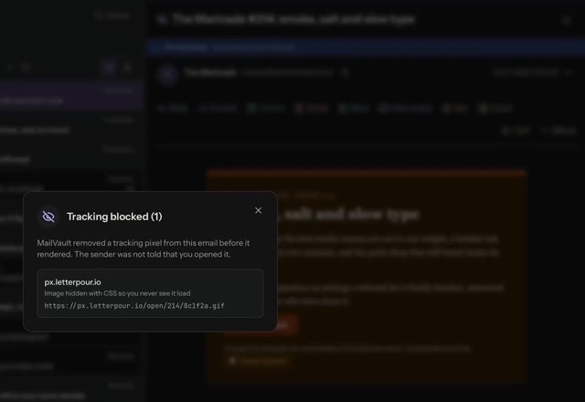 A newsletter opens marked Tracker blocked, and the eye icon opens Tracking blocked (1), which names the tracker. · Reviewed for MailVault version 2.20.0