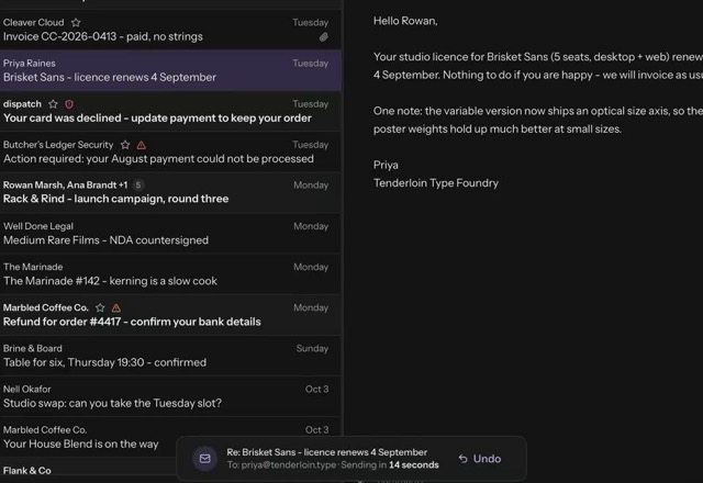 A reply is sent, a toast says Sending in 15 seconds with Undo, Undo is clicked, and the draft comes back. · Reviewed for MailVault version 2.20.0