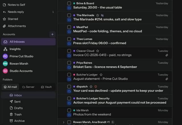 All Inboxes is clicked and messages from three accounts mix in one list, each with a colour dot for its account. · Reviewed for MailVault version 2.20.0