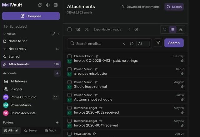 In the sidebar the saved view Attachments is opened and lists 316 emails, Needs reply lists 41, then Attachments is opened again. · Reviewed for MailVault version 2.20.0