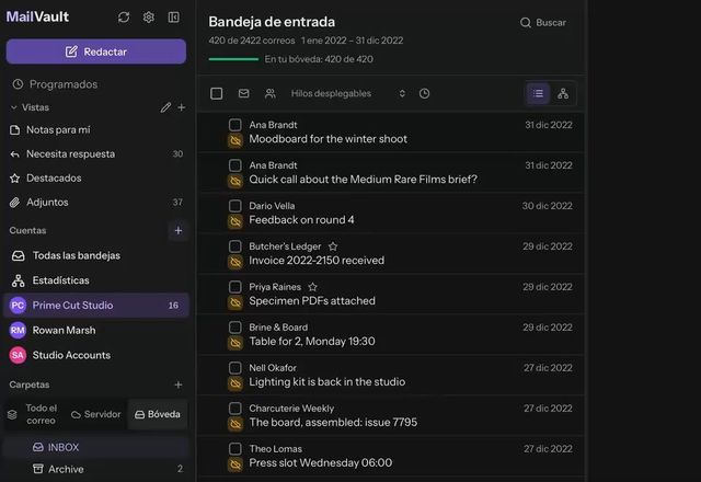 Reviewed for MailVault version 2.20.0 MailVault pregunta ¿Archivar y luego eliminar del servidor?, se hace clic en Archivar y eliminar, el progreso llega a 420 de 420 y la vista Bóveda sigue mostrando los 420 mensajes archivados de 2022. · Reviewed for MailVault version 2.20.0