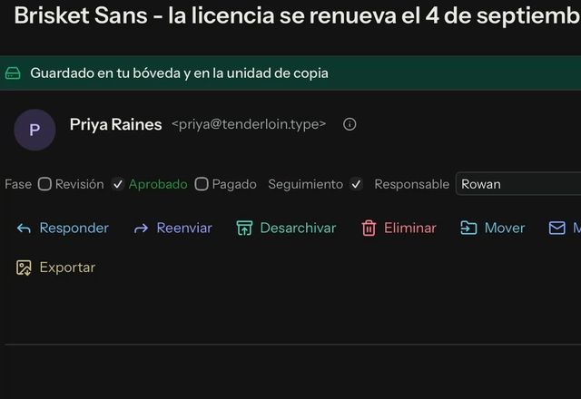 Reviewed for MailVault version 2.20.0 En la franja de campos de un mensaje abierto, Fase se pone en Aprobado, se marca Seguimiento y se escribe Rowan como Responsable. · Reviewed for MailVault version 2.20.0