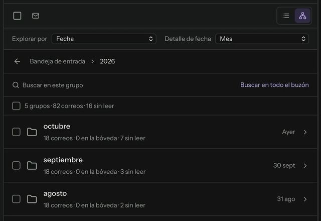 Reviewed for MailVault version 2.20.0 La lista de mensajes se cambia a Explorer. El correo se agrupa por año, y un año se abre en sus meses. · Reviewed for MailVault version 2.20.0