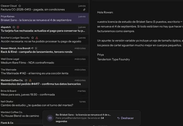 Reviewed for MailVault version 2.20.0 Se envía una respuesta, un aviso dice Se envía en 15 segundos con Deshacer, se hace clic en Deshacer y el borrador vuelve. · Reviewed for MailVault version 2.20.0