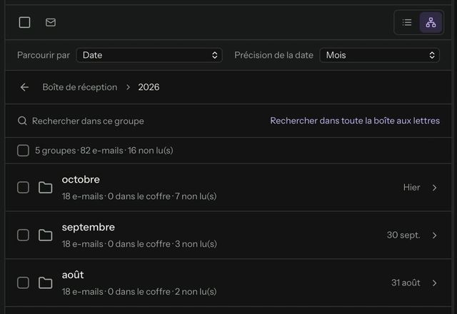Reviewed for MailVault version 2.20.0 La liste des messages passe sur Explorer. Le courrier est regroupé par année, et une année s’ouvre en mois. · Reviewed for MailVault version 2.20.0