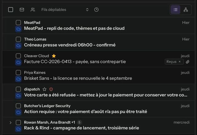 Reviewed for MailVault version 2.20.0 On fait un clic droit sur une ligne de message et une roue d’actions s’ouvre autour du pointeur. « Suivre » est choisi et l’étoile de la ligne devient ambre. · Reviewed for MailVault version 2.20.0