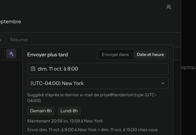 Reviewed for MailVault version 2.20.0 Dans « Envoyer plus tard », « Demain 8h » est choisi, « Programmer l’envoi » est pressé, et le message apparaît dans « Programmés ». · Reviewed for MailVault version 2.20.0