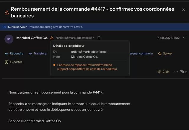 Reviewed for MailVault version 2.20.0 Un bouclier vert montre que SPF, DKIM et DMARC ont réussi pour un expéditeur. Sur un autre message, un avertissement orange indique que l’adresse « Répondre à » diffère de celle de l’expéditeur. · Reviewed for MailVault version 2.20.0