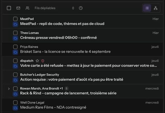 Reviewed for MailVault version 2.20.0 On fait un clic droit sur une ligne de message, « Reporter » est choisi, et un sélecteur propose « Plus tard aujourd’hui », « Demain », « Ce week-end » et « La semaine prochaine ». « Demain » est choisi et le message quitte la boîte de réception. · Reviewed for MailVault version 2.20.0