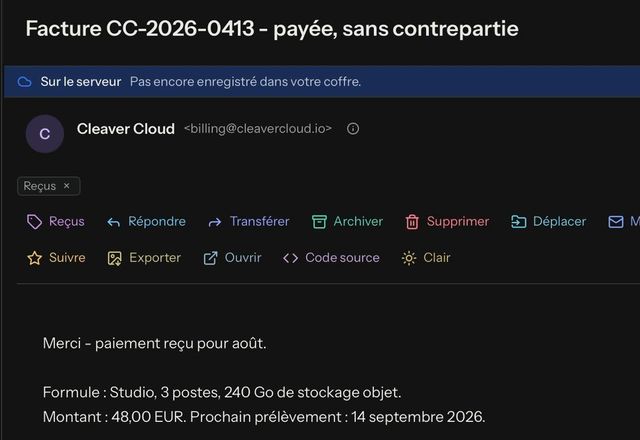 Reviewed for MailVault version 2.20.0 Dans le message ouvert, une action rapide d’étiquette est pressée et une étiquette Reçus apparaît sous l’expéditeur. · Reviewed for MailVault version 2.20.0