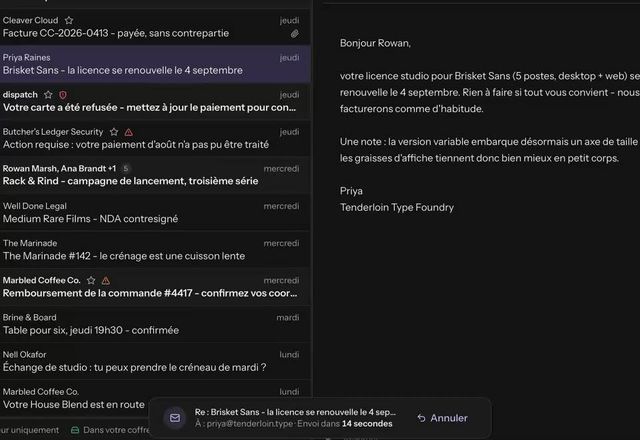 Reviewed for MailVault version 2.20.0 Une réponse est envoyée, un message indique « Envoi dans 15 secondes » avec « Annuler », on clique sur « Annuler », et le brouillon revient. · Reviewed for MailVault version 2.20.0