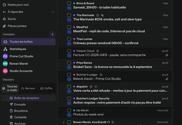 Reviewed for MailVault version 2.20.0 On clique sur « Toutes les boîtes » et les messages de trois comptes se mélangent dans une seule liste, chacun avec un point de couleur pour son compte. · Reviewed for MailVault version 2.20.0