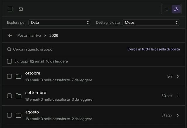 Reviewed for MailVault version 2.20.0 L’elenco dei messaggi passa a Explorer. La posta è raggruppata per anno e un anno si apre nei suoi mesi. · Reviewed for MailVault version 2.20.0