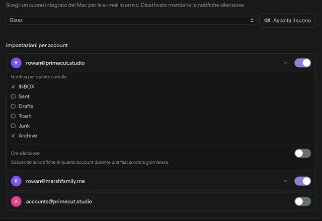 Reviewed for MailVault version 2.20.0 Nelle impostazioni delle notifiche di ogni account, una cartella viene selezionata per avvisare e le notifiche di un altro account vengono disattivate. · Reviewed for MailVault version 2.20.0