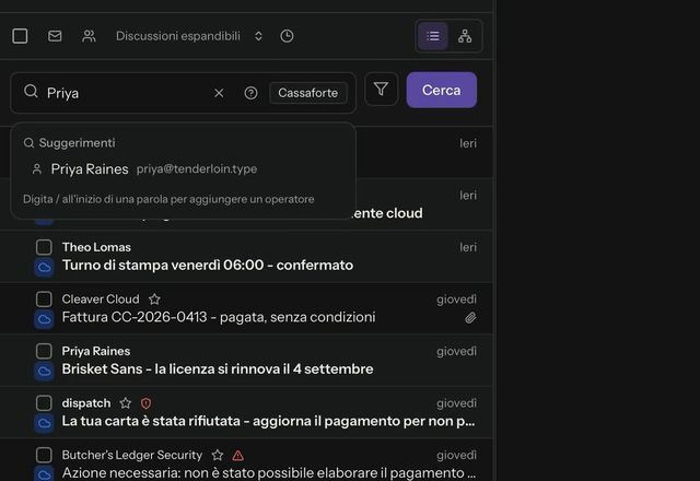 Reviewed for MailVault version 2.20.0 Si scrive Priya nella casella di ricerca, si preme Cerca e i messaggi corrispondenti compaiono nell’elenco. · Reviewed for MailVault version 2.20.0