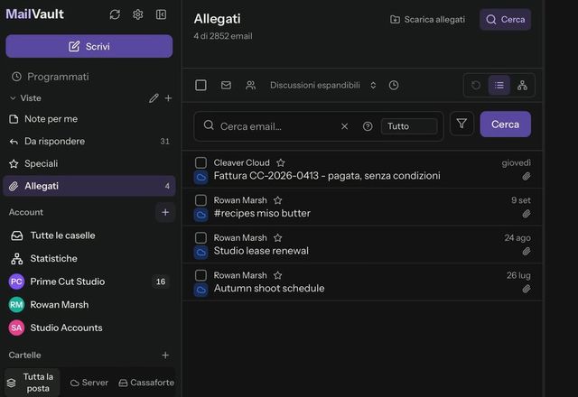Reviewed for MailVault version 2.20.0 Nella barra laterale si apre la vista salvata Allegati, che elenca 316 email, poi Da rispondere ne elenca 41 e si riapre Allegati. · Reviewed for MailVault version 2.20.0