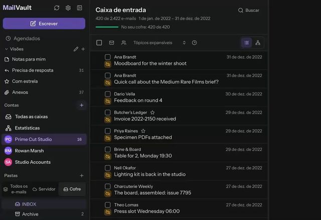 Reviewed for MailVault version 2.20.0 O MailVault pergunta Arquivar e depois excluir do servidor?, Arquivar e excluir é clicado, o progresso chega a 420 de 420 e a visão Vault continua listando as 420 mensagens de 2022 arquivadas. · Reviewed for MailVault version 2.20.0