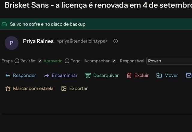 Reviewed for MailVault version 2.20.0 Na faixa de campos de uma mensagem aberta, Etapa é definida como Aprovado, Acompanhar é marcado e Rowan é digitado como Responsável. · Reviewed for MailVault version 2.20.0