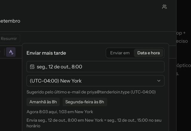 Reviewed for MailVault version 2.20.0 Em Enviar mais tarde, Amanhã às 8h é escolhido, Agendar envio é clicado e a mensagem aparece em Agendados. · Reviewed for MailVault version 2.20.0