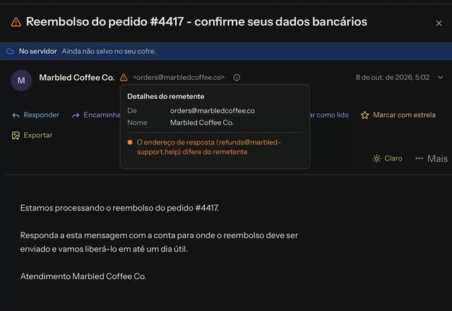 Reviewed for MailVault version 2.20.0 Um escudo verde mostra que SPF, DKIM e DMARC passaram para um remetente. Em outra mensagem, um aviso âmbar diz que o endereço de Responder a difere do remetente. · Reviewed for MailVault version 2.20.0