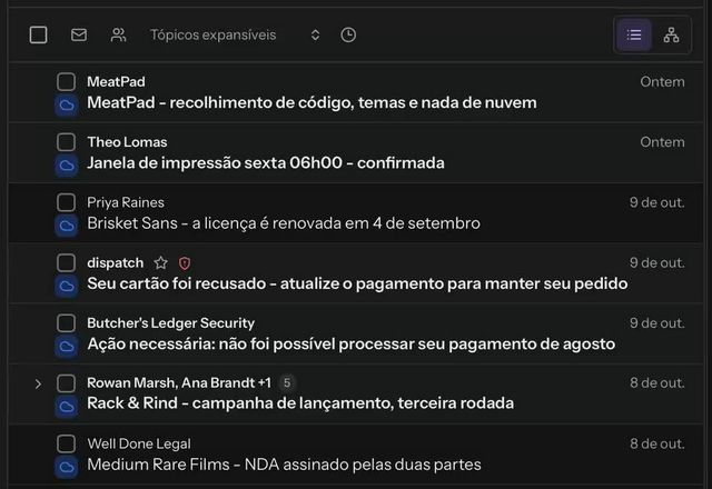 Reviewed for MailVault version 2.20.0 Uma linha de mensagem é clicada com o botão direito, Adiar é escolhido e um seletor oferece Mais tarde hoje, Amanhã, o fim de semana e a próxima semana. Amanhã é escolhido e a mensagem sai da Caixa de entrada. · Reviewed for MailVault version 2.20.0
